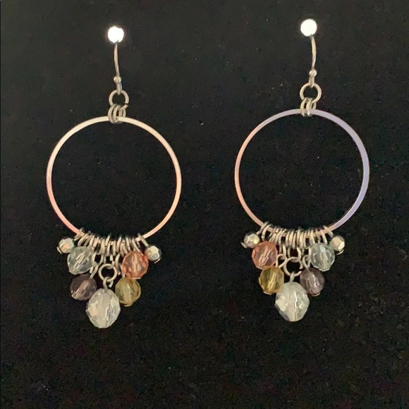 Silver Circle Earrings with Dangling Beads - Picture 2 of 6